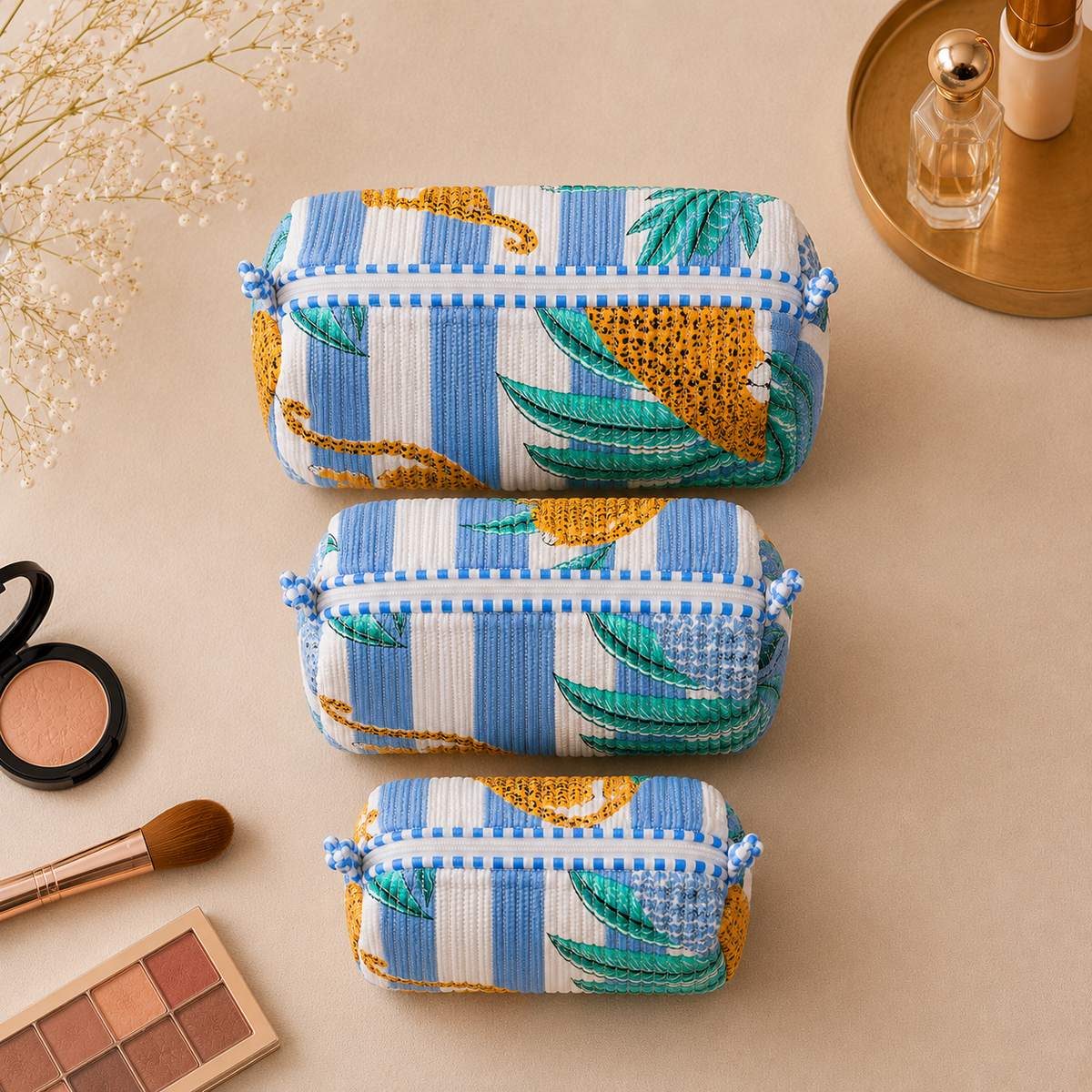 Set Of 3 Makeup Bag, Blue Leopard Stripe Block Print Cotton Travel Case, Quilted Cosmetic Storage Bag Set