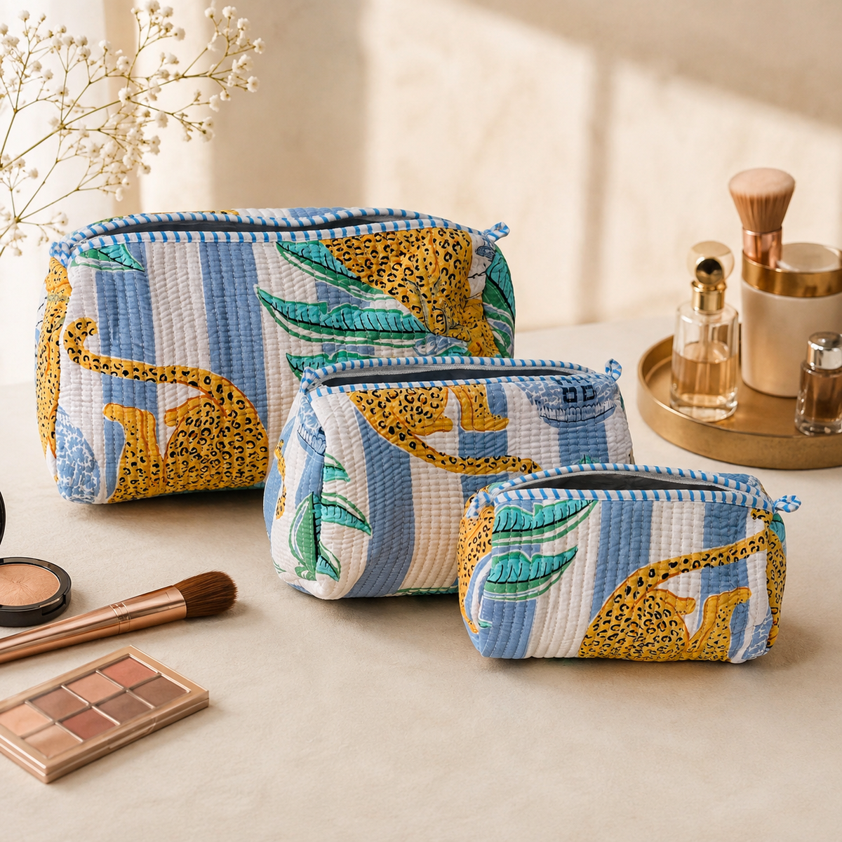Set Of 3 Makeup Bag, Blue Leopard Stripe Block Print Cotton Travel Case, Quilted Cosmetic Storage Bag Set