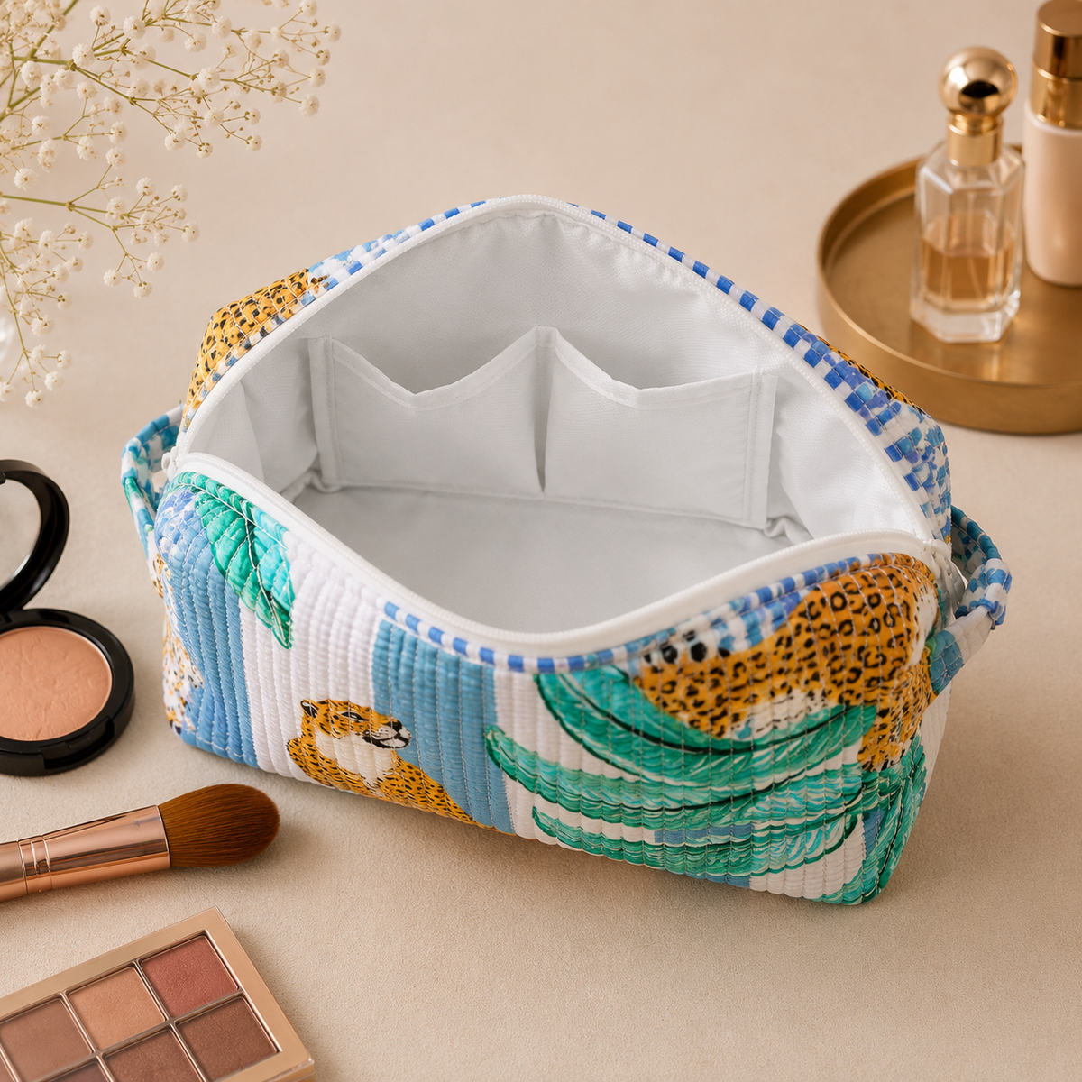 Set Of 3 Makeup Bag, Blue Leopard Stripe Block Print Cotton Travel Case, Quilted Cosmetic Storage Bag Set