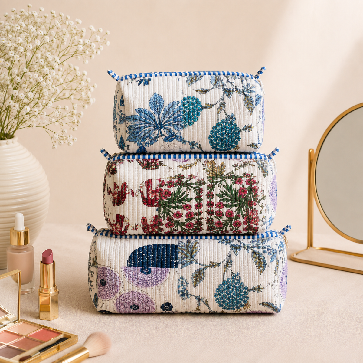 Set Of 3 Makeup Bag, Coastal Garden Patchwork Block Print Cotton Travel Case, Quilted Cosmetic Storage Bag Set