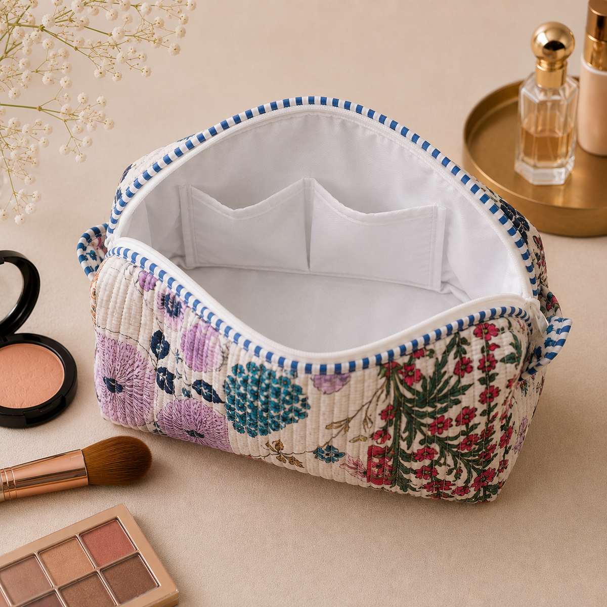 Set Of 3 Makeup Bag, Coastal Garden Patchwork Block Print Cotton Travel Case, Quilted Cosmetic Storage Bag Set