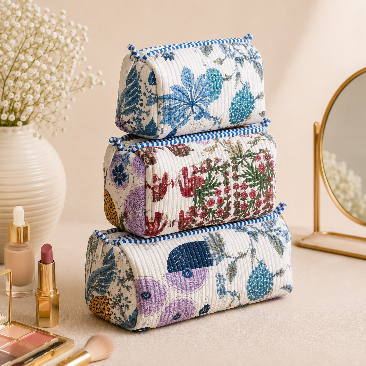 Set Of 3 Makeup Bag, Coastal Garden Patchwork Block Print Cotton Travel Case, Quilted Cosmetic Storage Bag Set