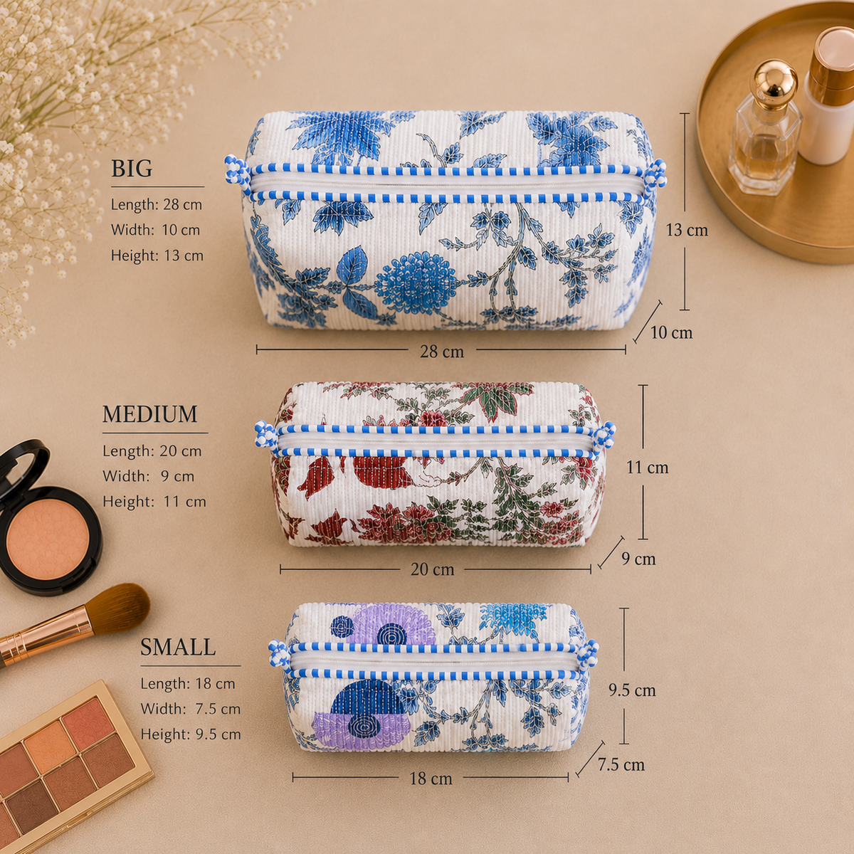 Set Of 3 Makeup Bag, Coastal Garden Patchwork Block Print Cotton Travel Case, Quilted Cosmetic Storage Bag Set