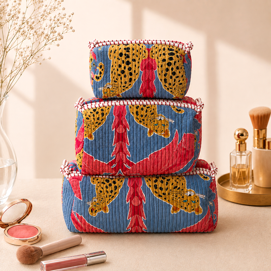 Set Of 3 Makeup Bag, Azure Leopard Print Cotton Travel Case, Quilted Cosmetic Storage Bag Set