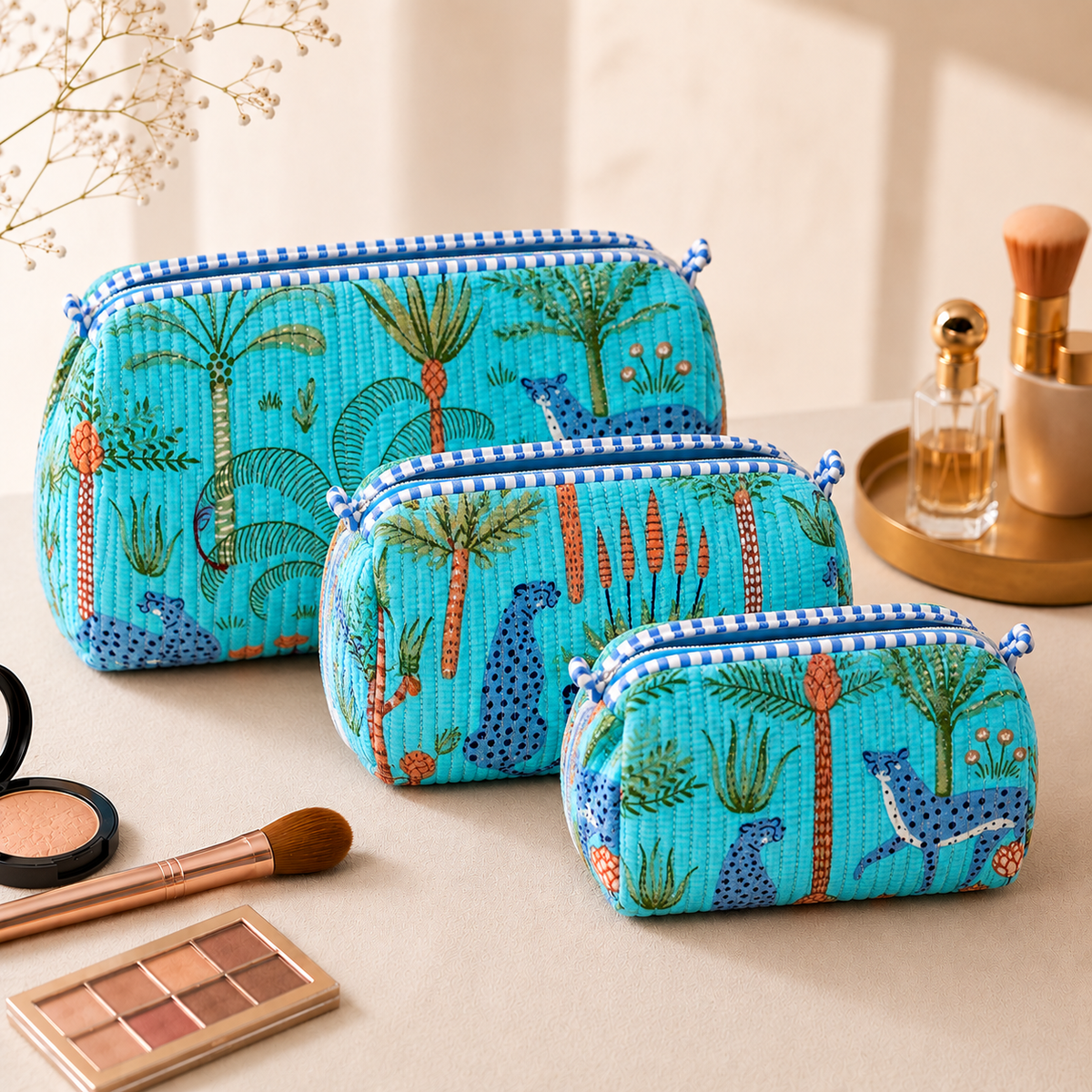 Set Of 3 Makeup Bag, Turquoise Cheetah Tropical Block Print Cotton Travel Case, Quilted Cosmetic Storage Bag Set