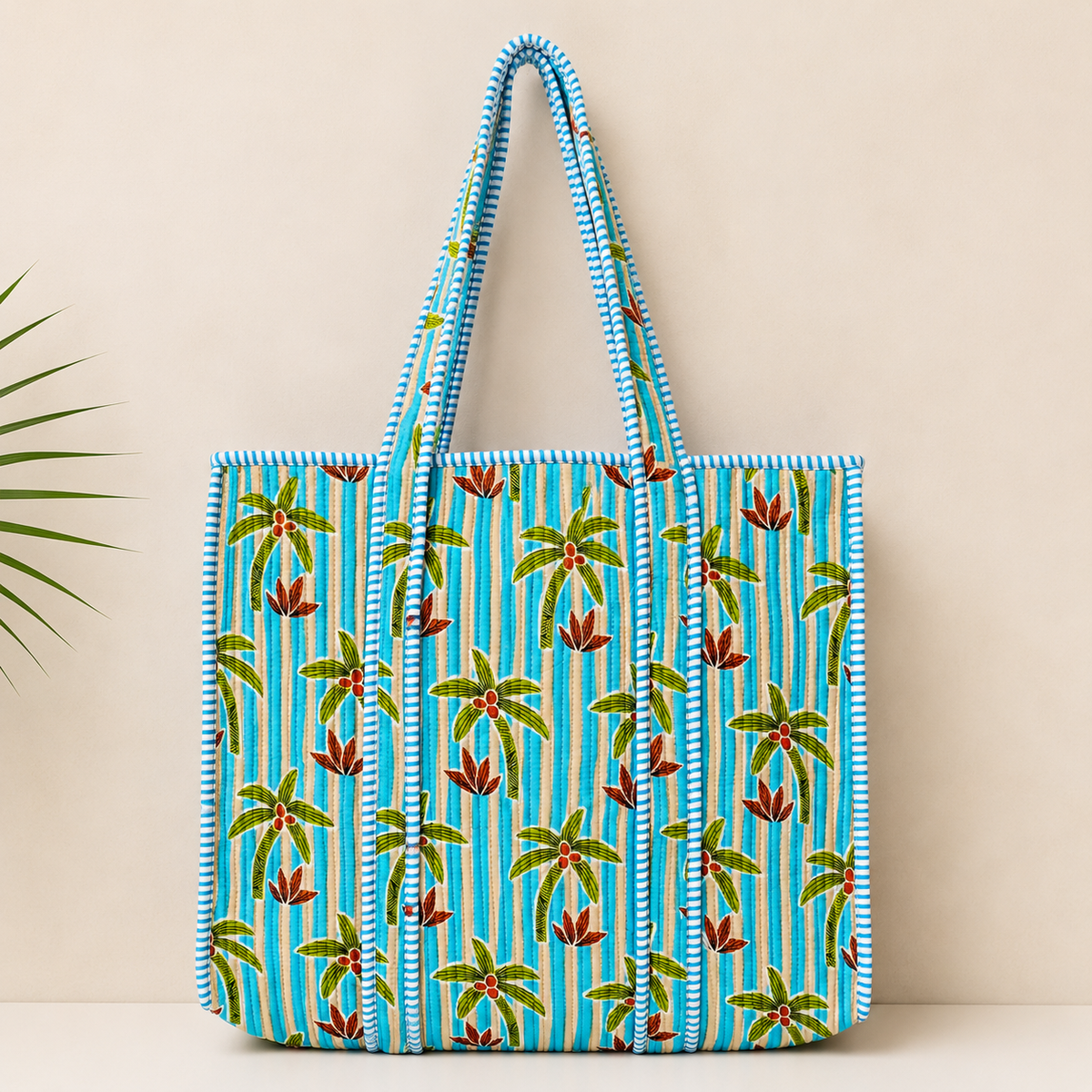 Handmade Turquoise Striped Palm Block Print Quilted Cotton Tote Bag, Indian Boho Shoulder Bag, Island Tropical Travel Beach Bag