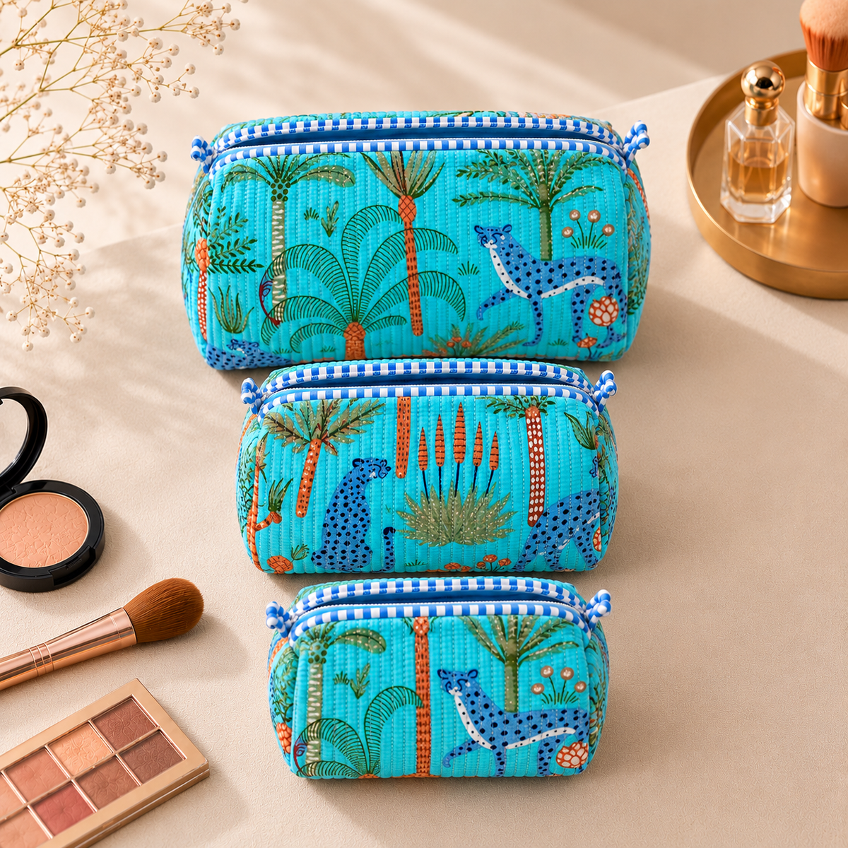 Set Of 3 Makeup Bag, Turquoise Cheetah Tropical Block Print Cotton Travel Case, Quilted Cosmetic Storage Bag Set