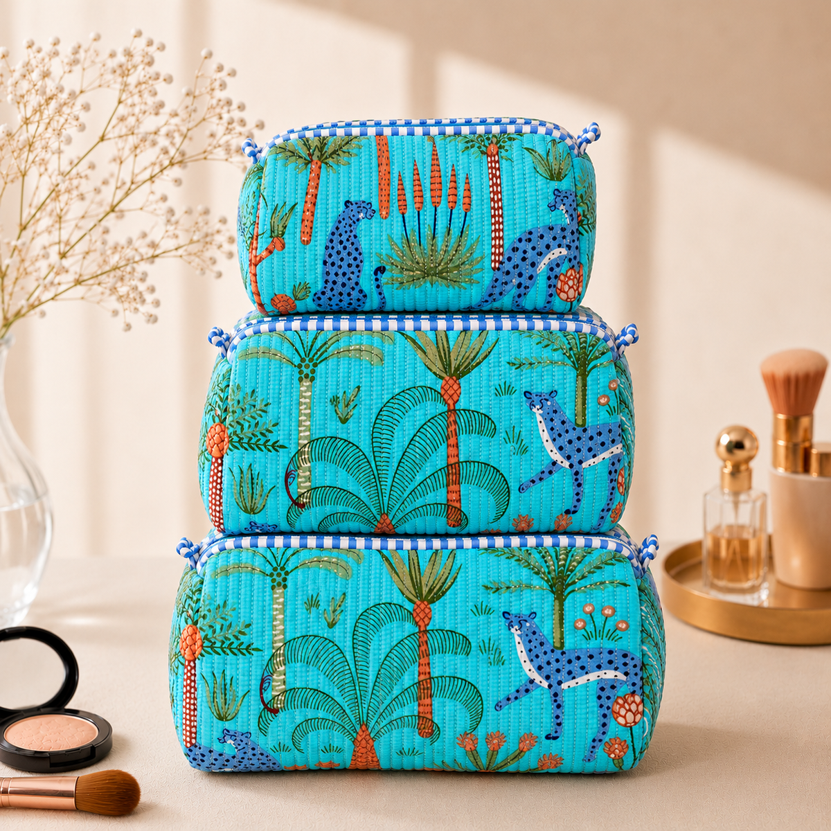Set Of 3 Makeup Bag, Turquoise Cheetah Tropical Block Print Cotton Travel Case, Quilted Cosmetic Storage Bag Set