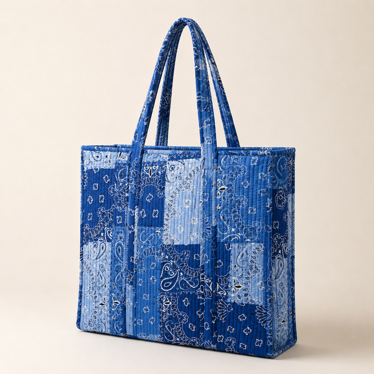 Handmade Sky Blue Bandana Patchwork Quilted Cotton Tote Bag, Indian Paisley Boho Shoulder Bag, Western Chic Travel Beach Bag