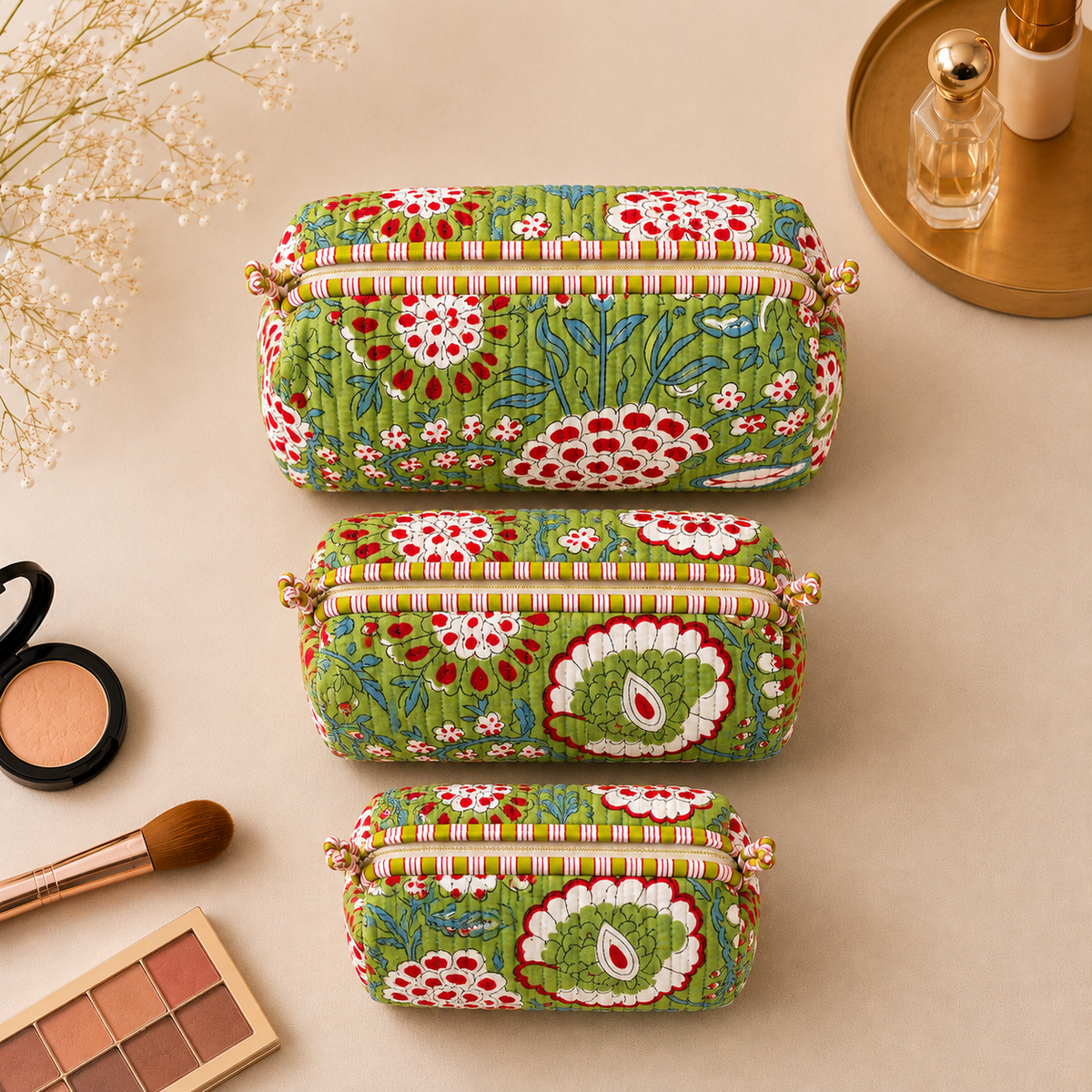 Set Of 3 Makeup Bag, Lime Garden Floral Block Print Cotton Travel Case, Quilted Cosmetic Storage Bag Set