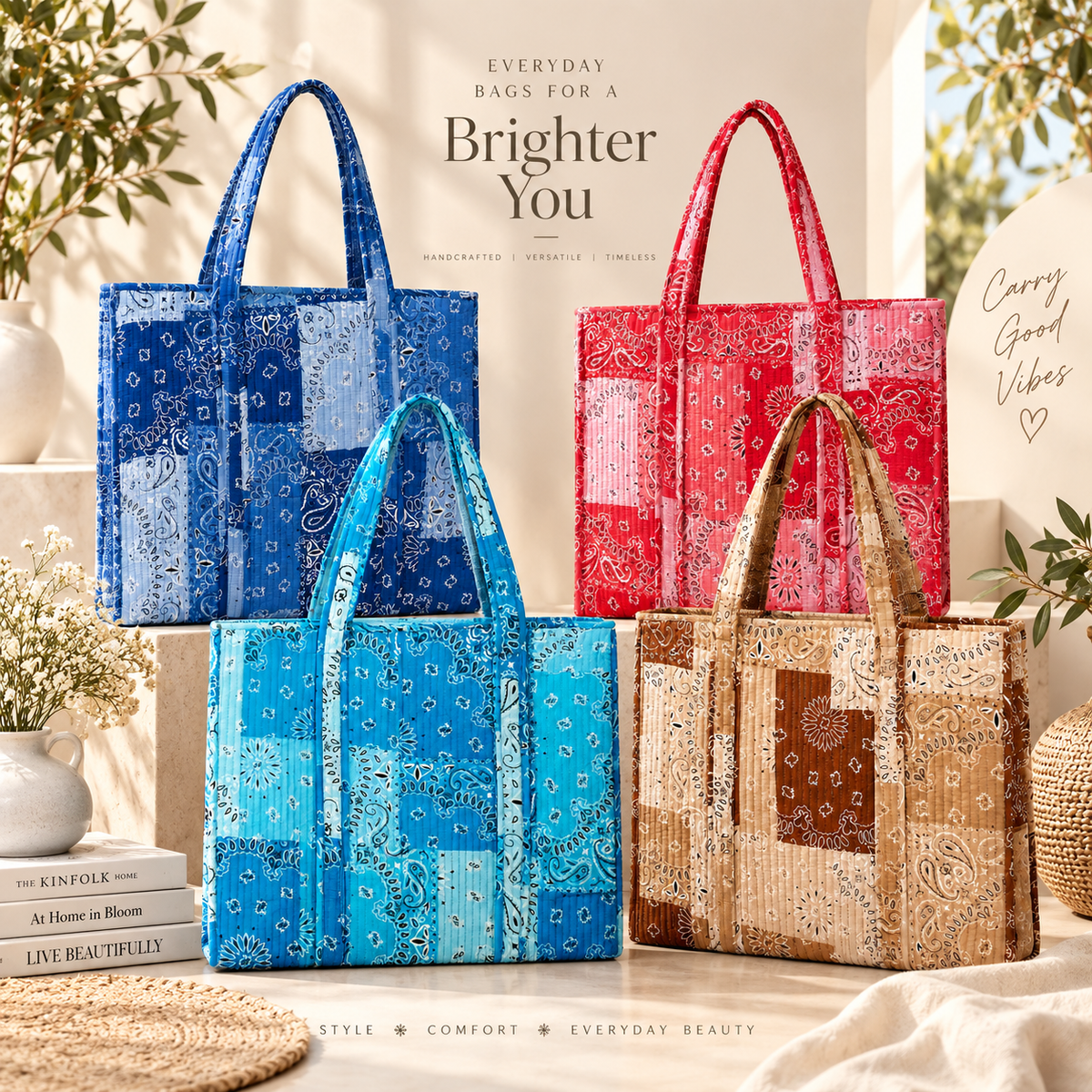 Handmade Sky Blue Bandana Patchwork Quilted Cotton Tote Bag, Indian Paisley Boho Shoulder Bag, Western Chic Travel Beach Bag