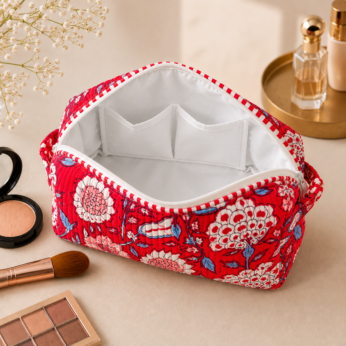 Set Of 3 Makeup Bag, Ruby Bloom Floral Block Print Cotton Travel Case, Quilted Cosmetic Storage Bag Set