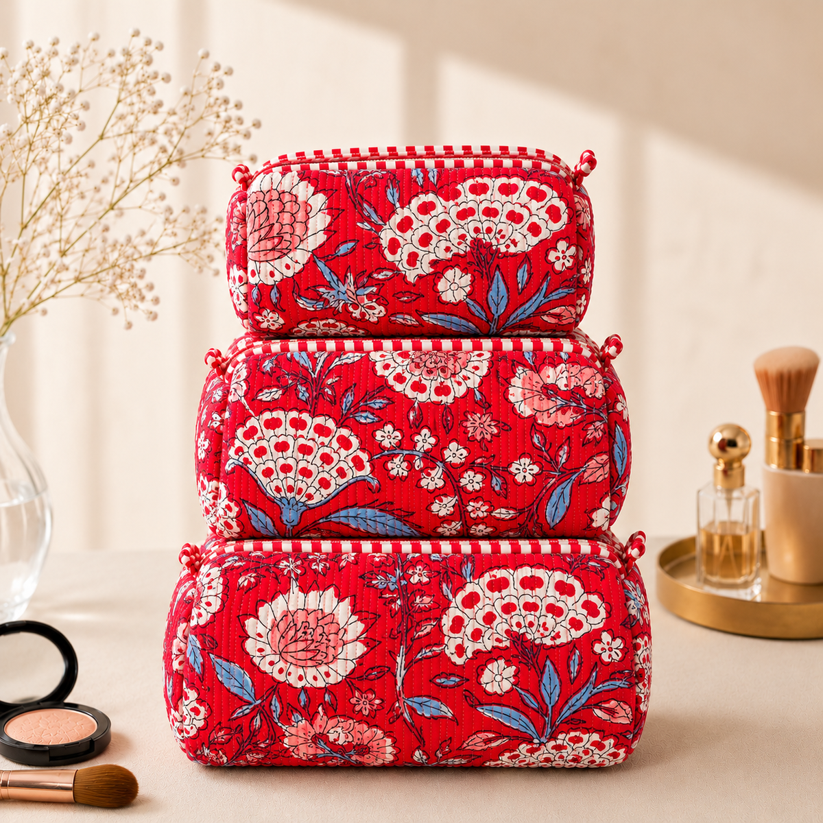 Set Of 3 Makeup Bag, Ruby Bloom Floral Block Print Cotton Travel Case, Quilted Cosmetic Storage Bag Set