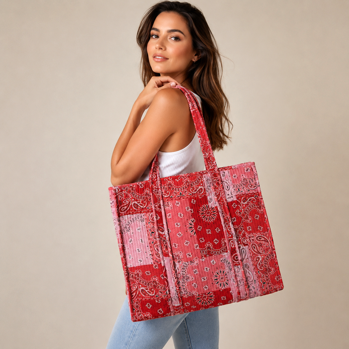 Handmade Sky Blue Bandana Patchwork Quilted Cotton Tote Bag, Indian Paisley Boho Shoulder Bag, Western Chic Travel Beach Bag