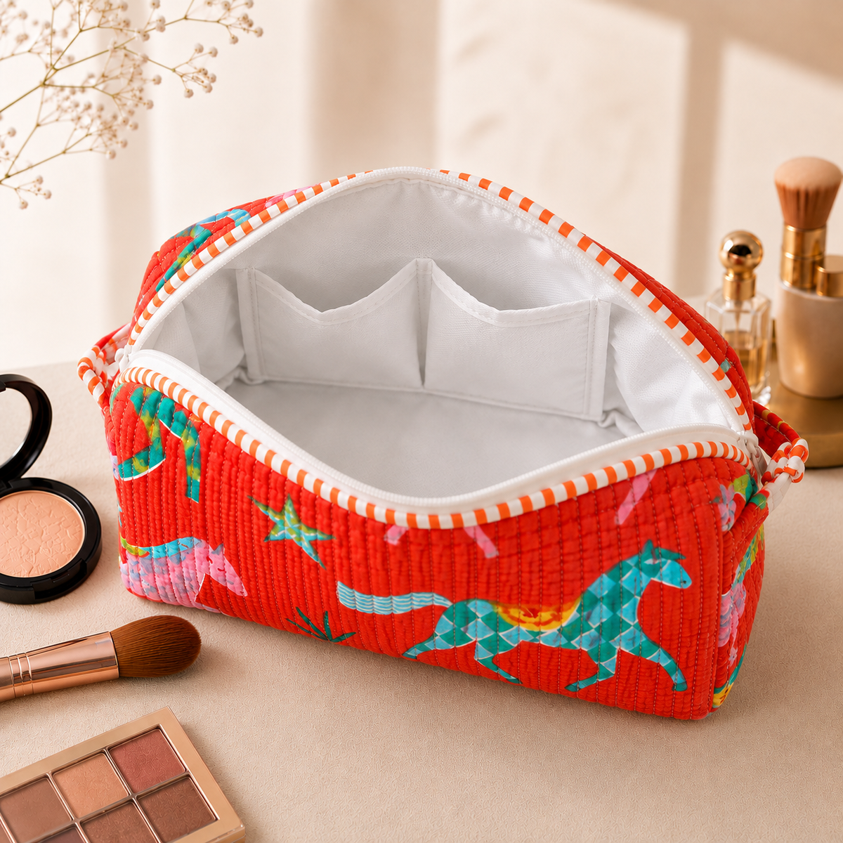 Set Of 3 Makeup Bag, Coral Stallion Horse Block Print Cotton Travel Case, Quilted Cosmetic Storage Bag Set
