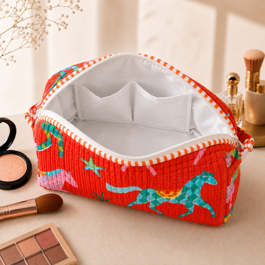 Set Of 3 Makeup Bag, Coral Stallion Horse Block Print Cotton Travel Case, Quilted Cosmetic Storage Bag Set