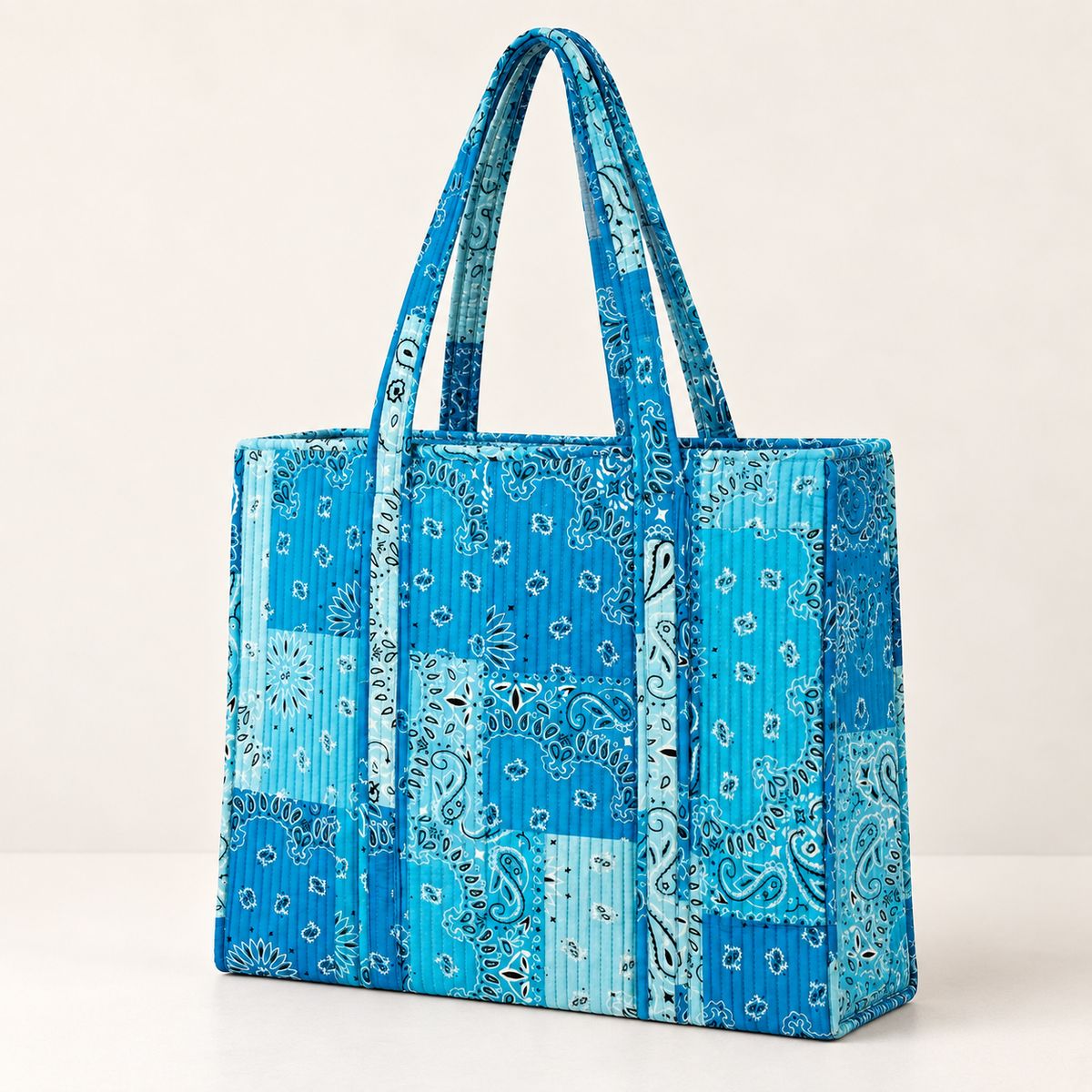 Handmade Sky Blue Bandana Patchwork Quilted Cotton Tote Bag, Indian Paisley Boho Shoulder Bag, Western Chic Travel Beach Bag