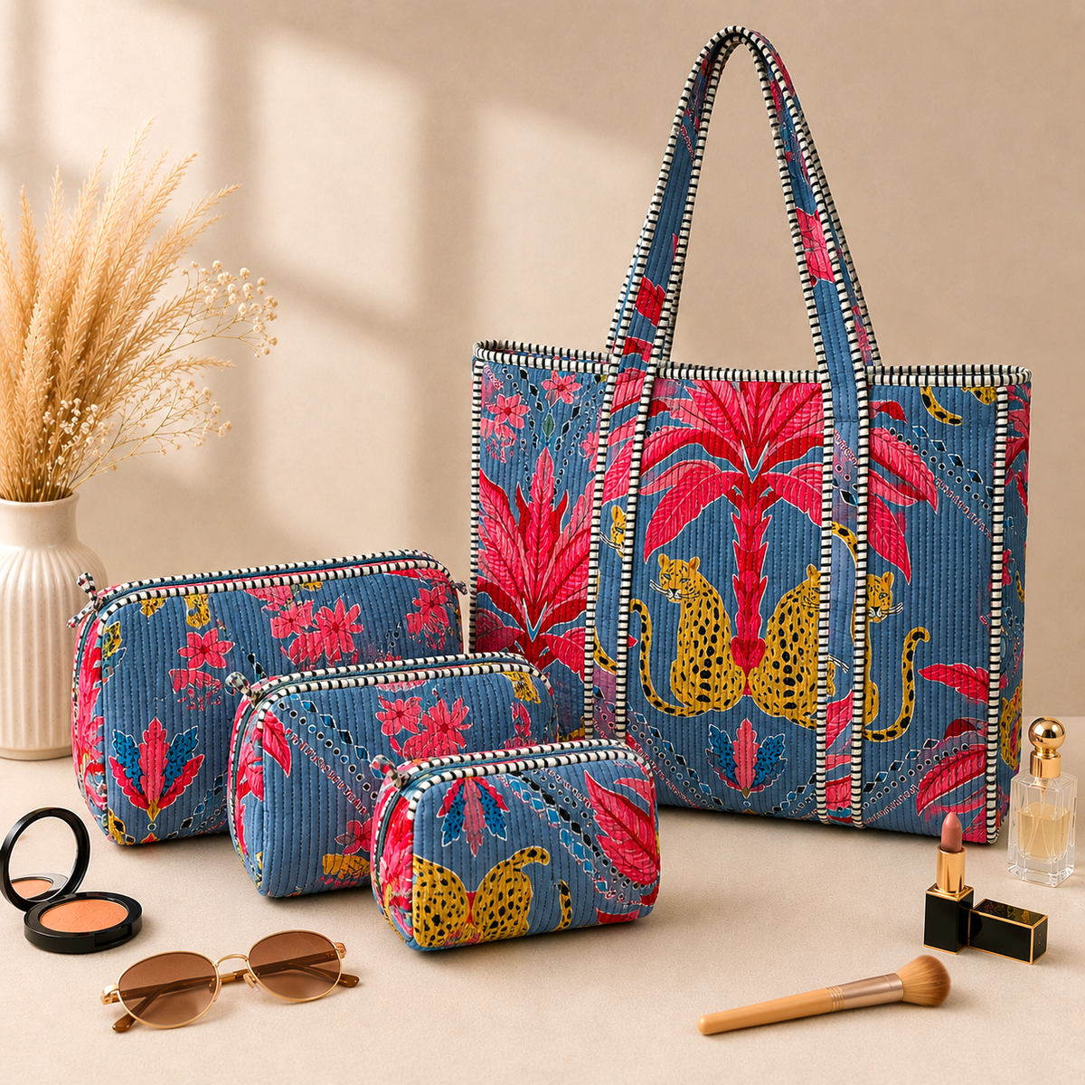 Handmade Steel Blue Pink Palm Leopard Block Print Quilted Cotton Tote Bag, Indian Boho Shoulder Bag, Exotic Animal Travel Beach Bag