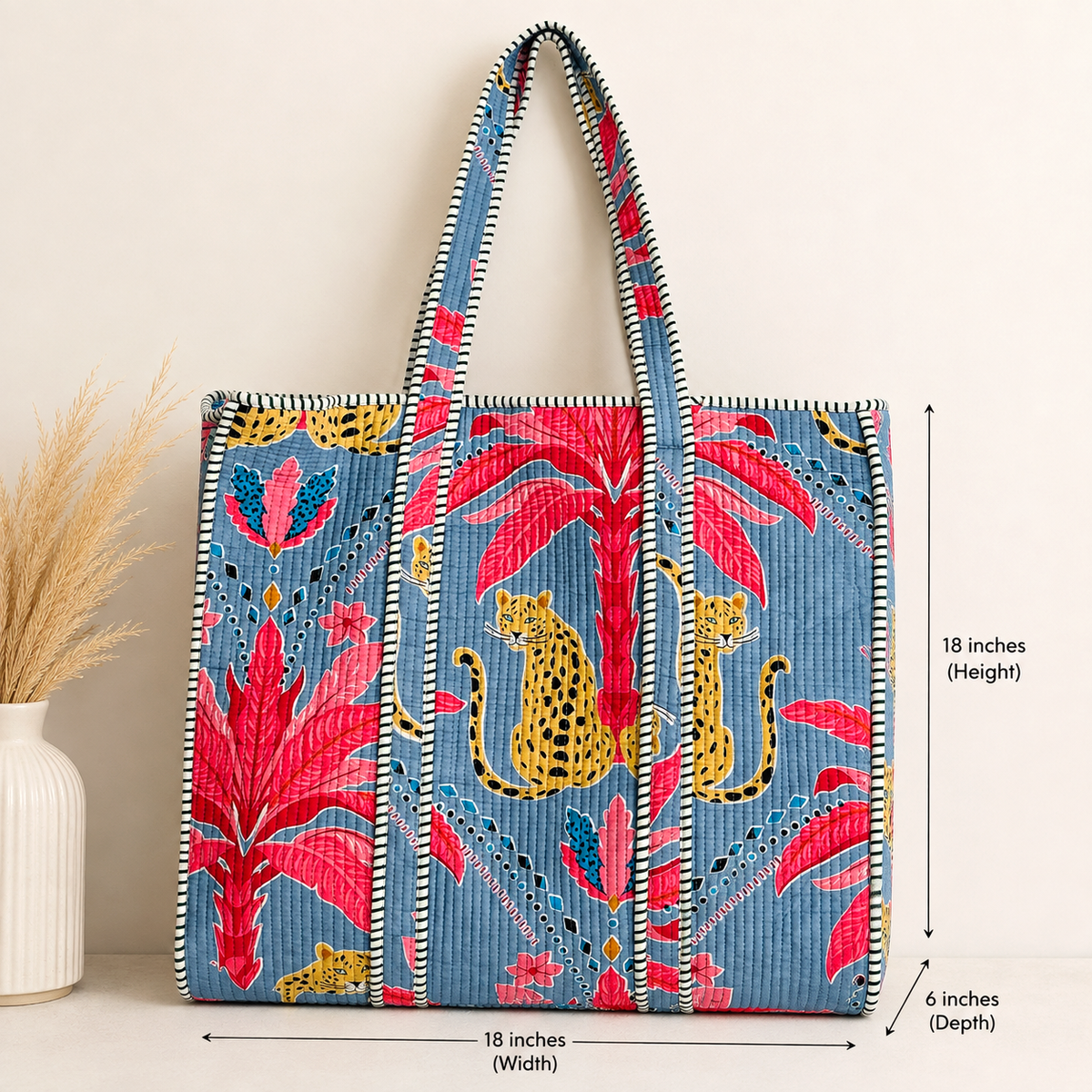 Handmade Steel Blue Pink Palm Leopard Block Print Quilted Cotton Tote Bag, Indian Boho Shoulder Bag, Exotic Animal Travel Beach Bag