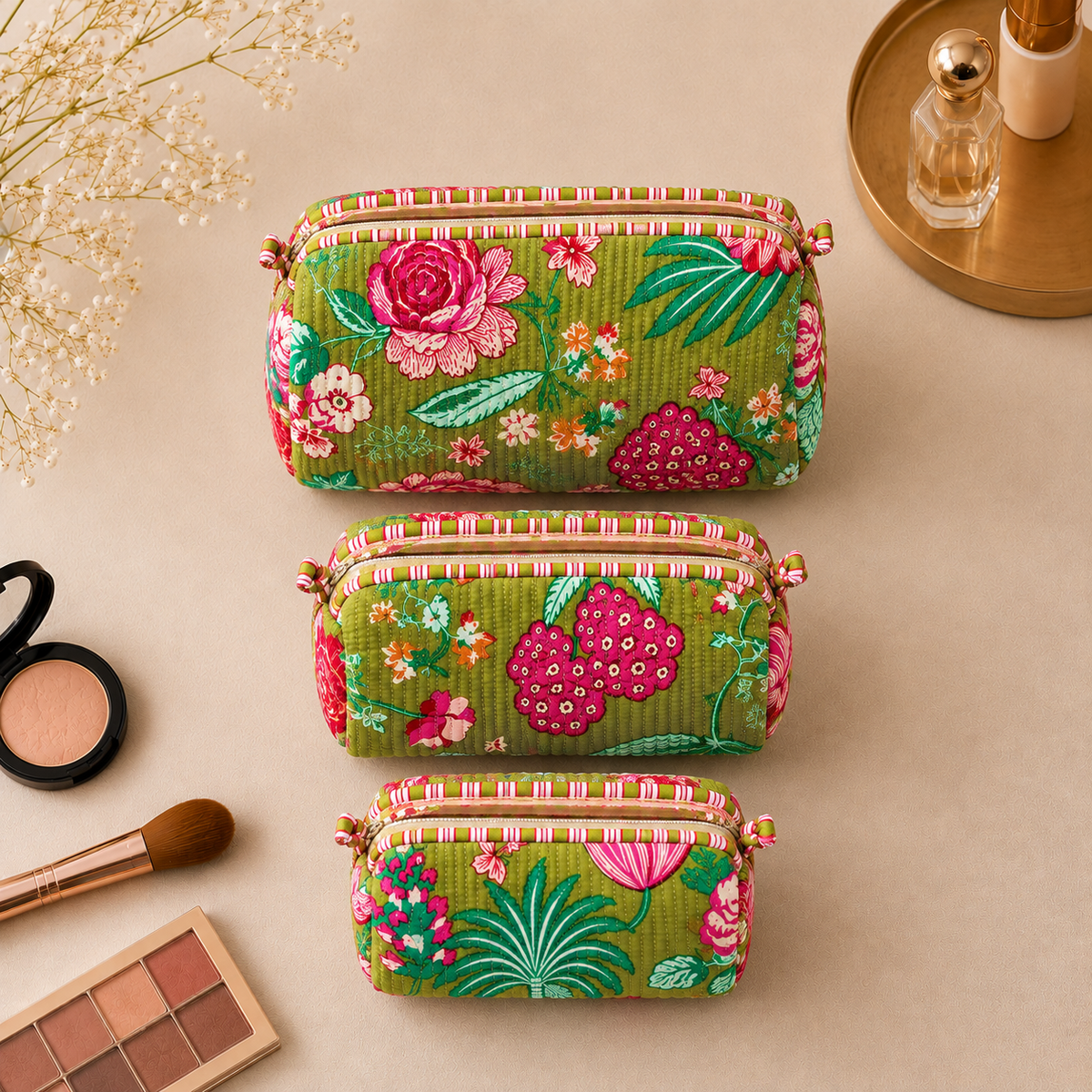 Set Of 3 Makeup Bag, Moss Flora Floral Block Print Cotton Travel Case, Quilted Cosmetic Storage Bag Set