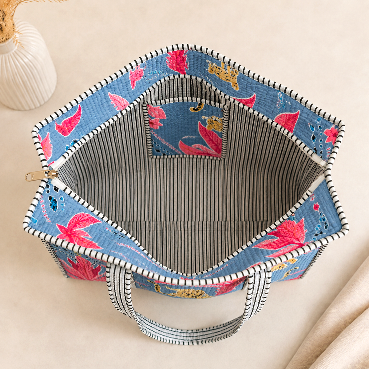Handmade Steel Blue Pink Palm Leopard Block Print Quilted Cotton Tote Bag, Indian Boho Shoulder Bag, Exotic Animal Travel Beach Bag