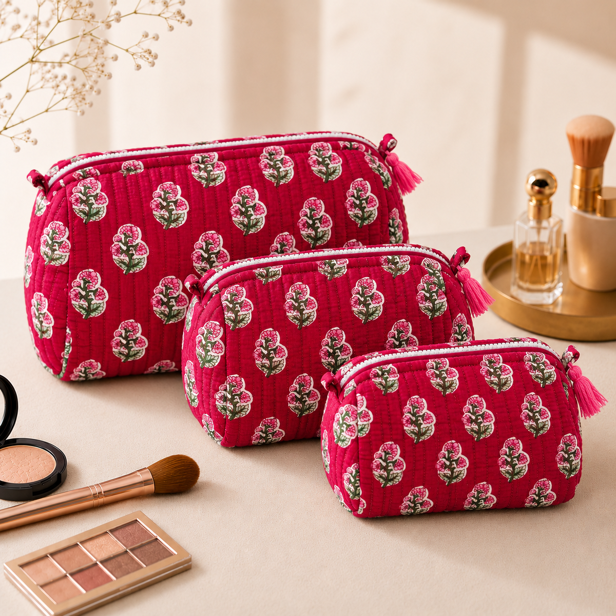 Set Of 3 Makeup Bag, Magenta Bud Floral Block Print Cotton Travel Case, Quilted Cosmetic Storage Bag Set