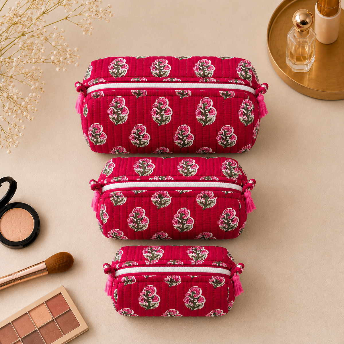 Set Of 3 Makeup Bag, Magenta Bud Floral Block Print Cotton Travel Case, Quilted Cosmetic Storage Bag Set