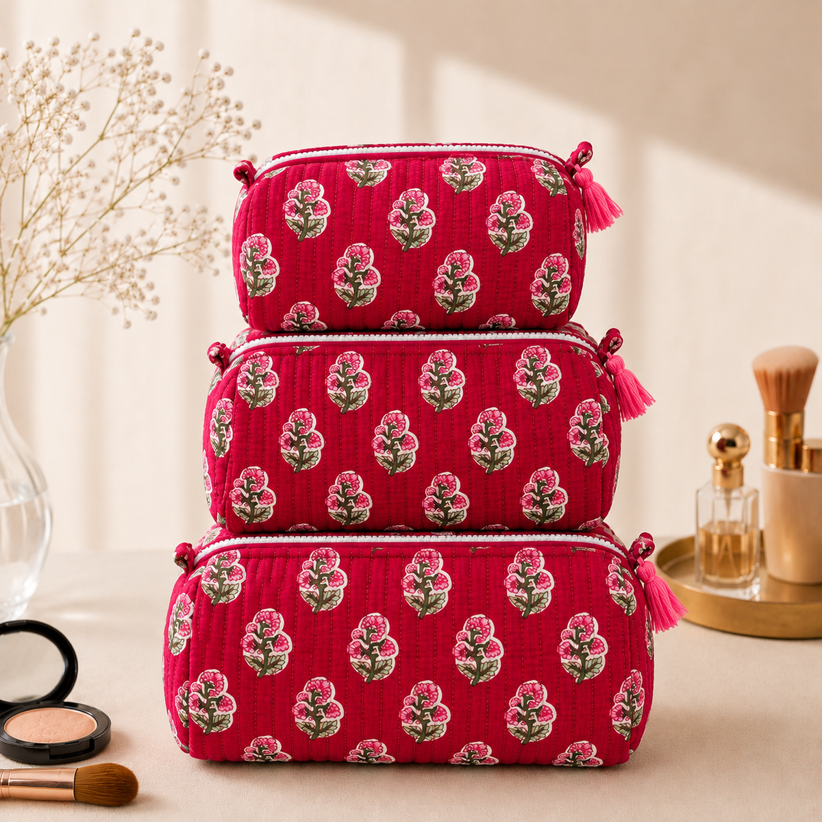 Set Of 3 Makeup Bag, Magenta Bud Floral Block Print Cotton Travel Case, Quilted Cosmetic Storage Bag Set