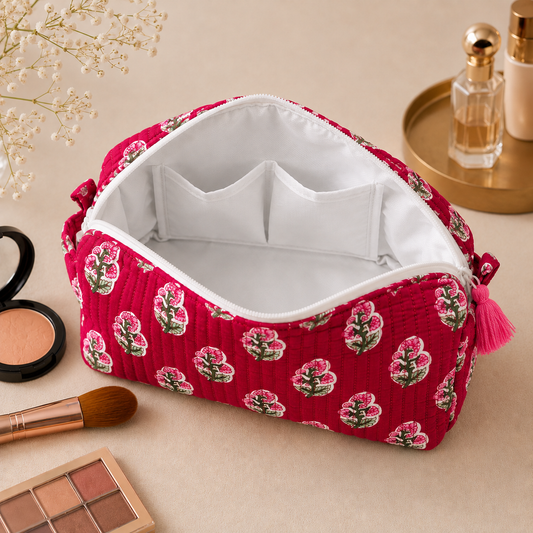Set Of 3 Makeup Bag, Magenta Bud Floral Block Print Cotton Travel Case, Quilted Cosmetic Storage Bag Set