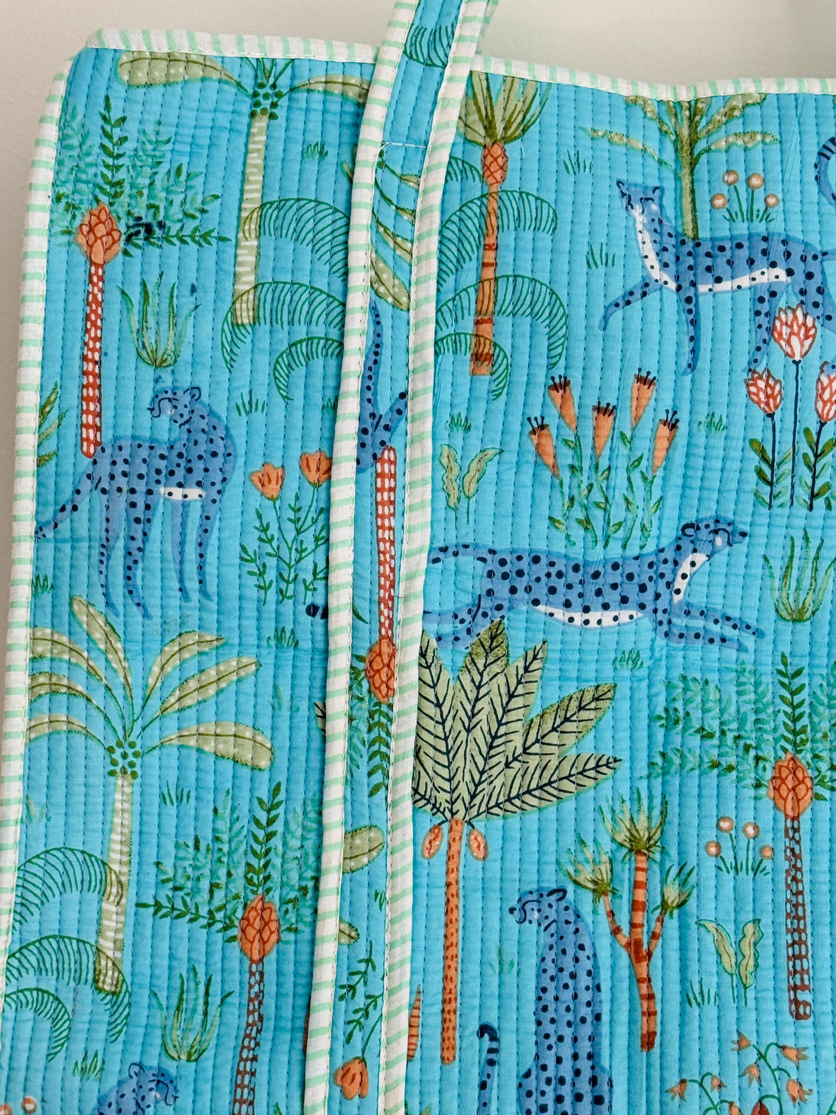 Handmade Cyan Leopard Palm Block Print Quilted Cotton Tote Bag, Indian Boho Shoulder Bag, Tropical Wildlife Travel Beach Bag