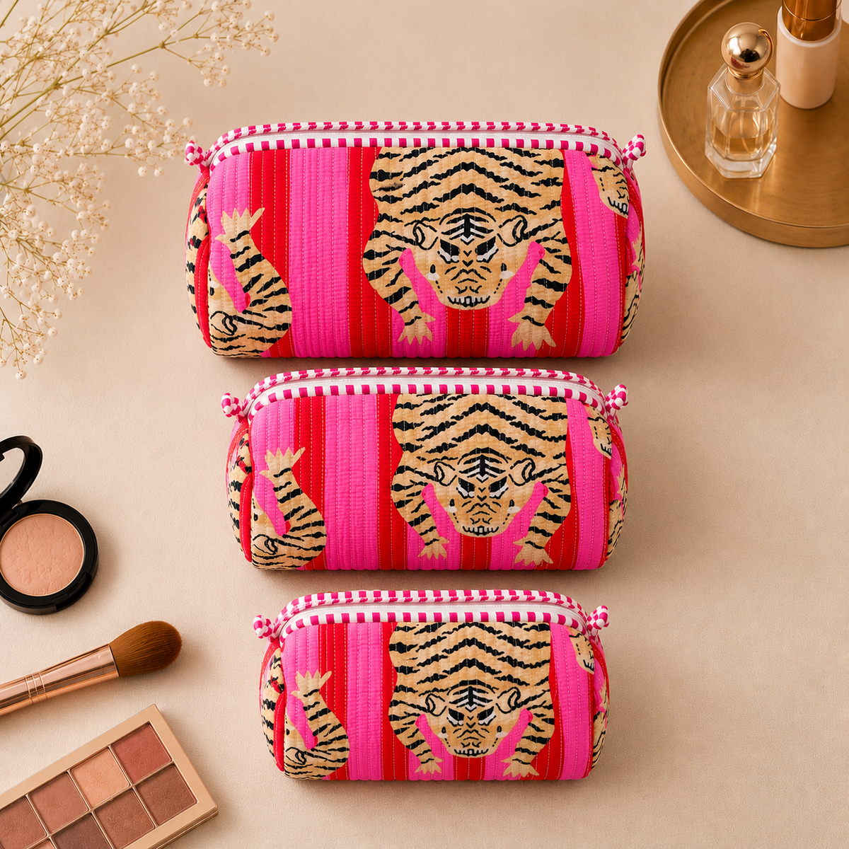 Set Of 3 Makeup Bag, Pink Tiger Stripe Block Print Cotton Travel Case, Quilted Cosmetic Storage Bag Set