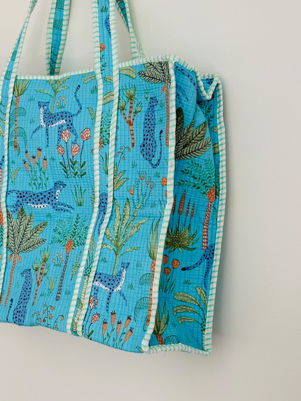 Handmade Cyan Leopard Palm Block Print Quilted Cotton Tote Bag, Indian Boho Shoulder Bag, Tropical Wildlife Travel Beach Bag