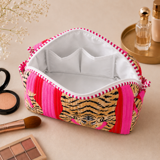 Set Of 3 Makeup Bag, Pink Tiger Stripe Block Print Cotton Travel Case, Quilted Cosmetic Storage Bag Set