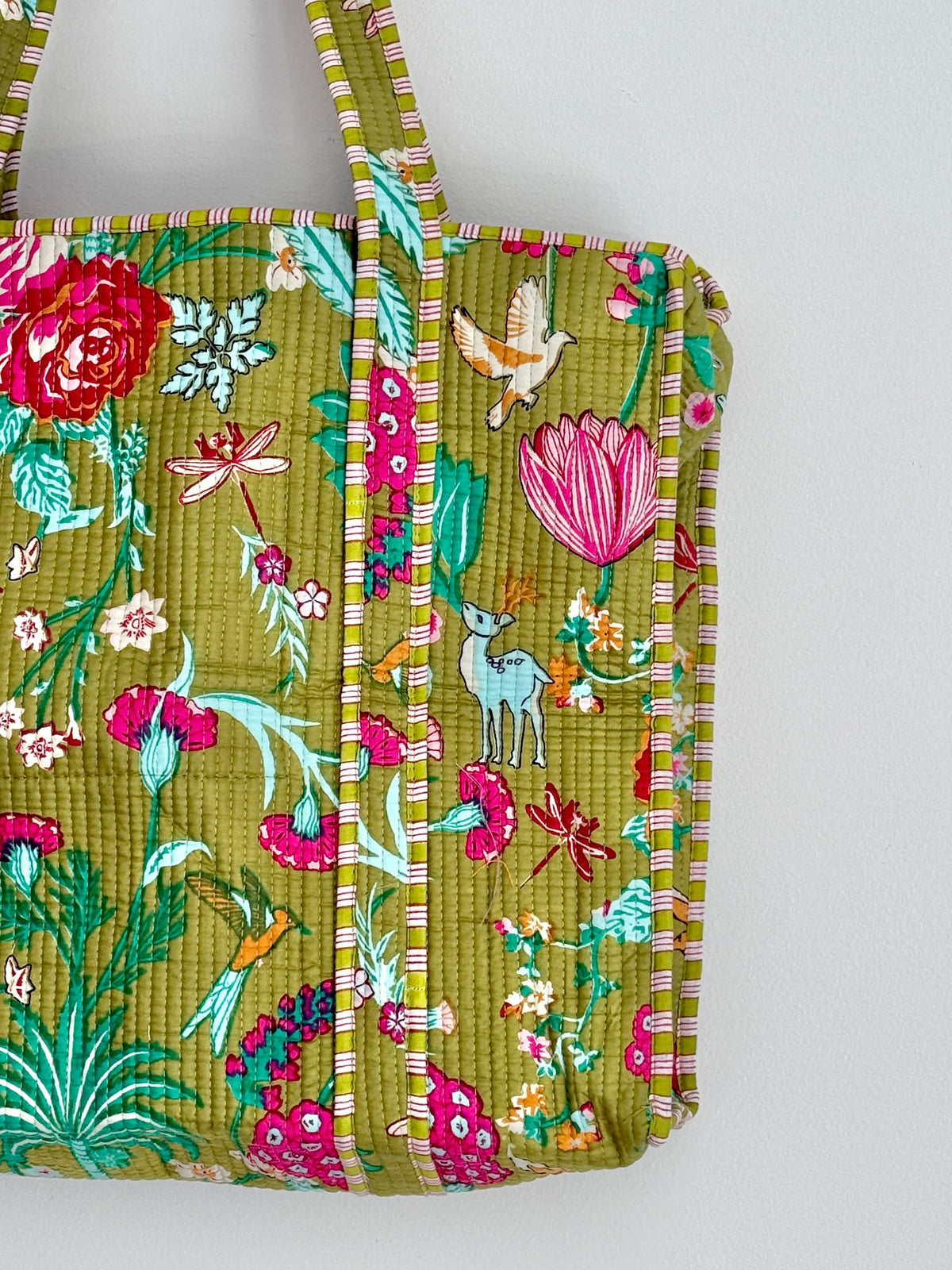 Handmade Moss Green Botanical Garden Block Print Quilted Cotton Tote Bag, Indian Boho Shoulder Bag, Floral Wildlife Travel Beach Bag