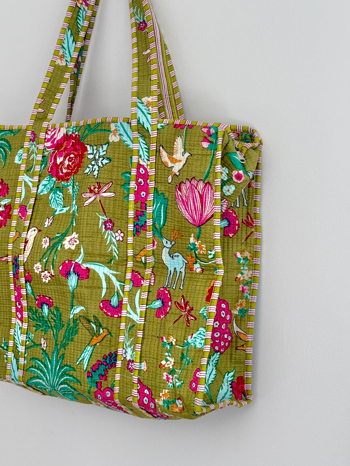 Handmade Moss Green Botanical Garden Block Print Quilted Cotton Tote Bag, Indian Boho Shoulder Bag, Floral Wildlife Travel Beach Bag