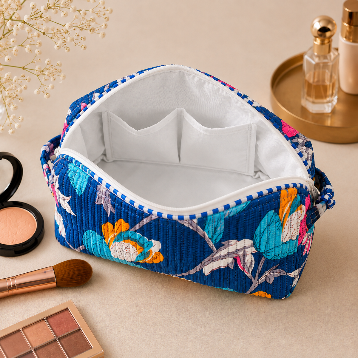 Set Of 3 Makeup Bag, Cobalt Blossom Floral Block Print Cotton Travel Case, Quilted Cosmetic Storage Bag Set