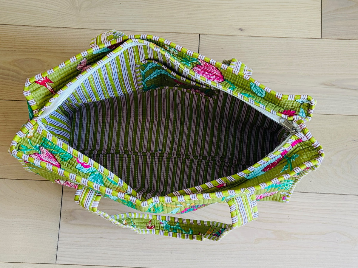 Handmade Moss Green Botanical Garden Block Print Quilted Cotton Tote Bag, Indian Boho Shoulder Bag, Floral Wildlife Travel Beach Bag