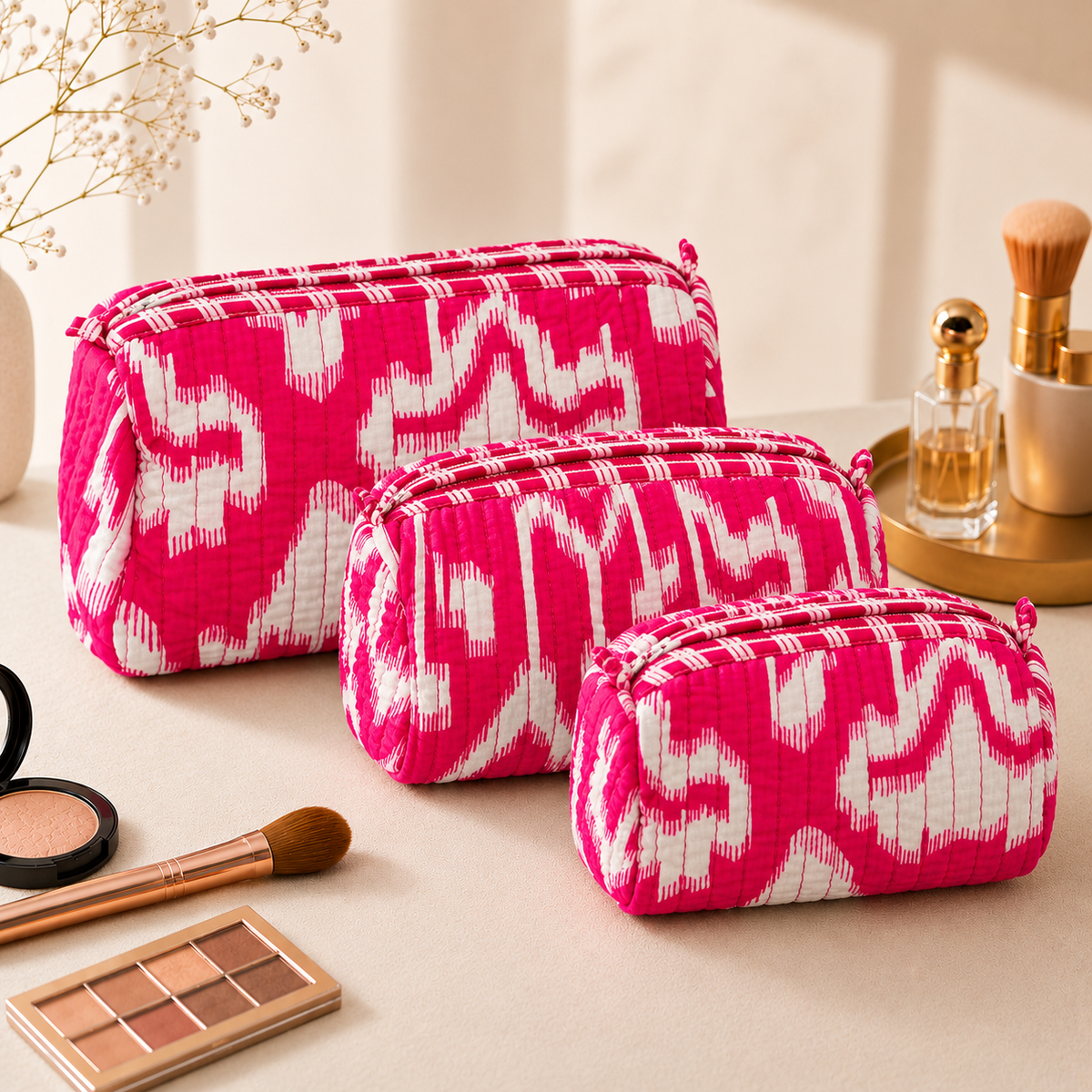 Set Of 3 Makeup Bag, Hot Pink Ikat Geometric Block Print Cotton Travel Case, Quilted Cosmetic Storage Bag Set