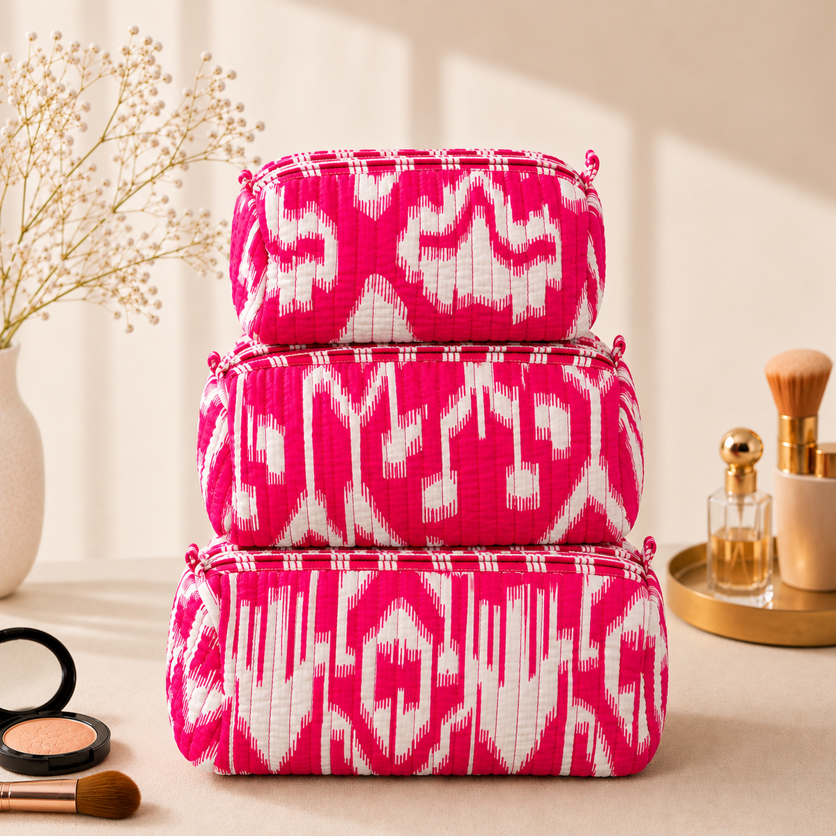 Set Of 3 Makeup Bag, Hot Pink Ikat Geometric Block Print Cotton Travel Case, Quilted Cosmetic Storage Bag Set