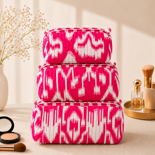 Set Of 3 Makeup Bag, Hot Pink Ikat Geometric Block Print Cotton Travel Case, Quilted Cosmetic Storage Bag Set