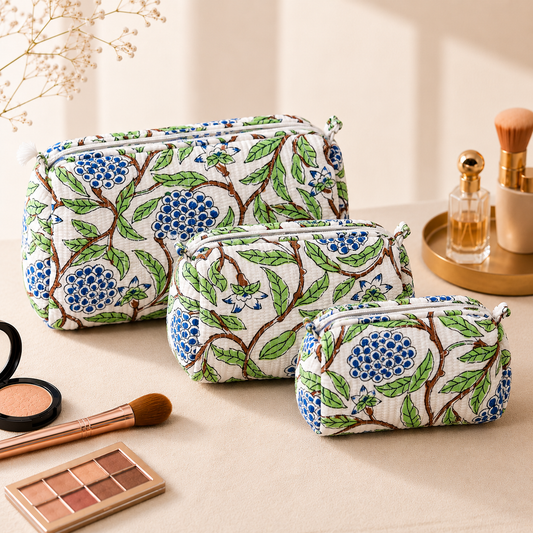 Set Of 3 Makeup Bag, Ivory Garden Floral Block Print Cotton Travel Case, Quilted Cosmetic Storage Bag Set