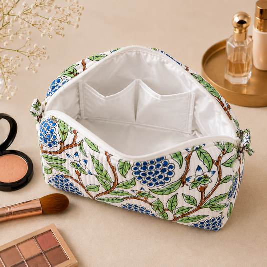 Set Of 3 Makeup Bag, Ivory Garden Floral Block Print Cotton Travel Case, Quilted Cosmetic Storage Bag Set