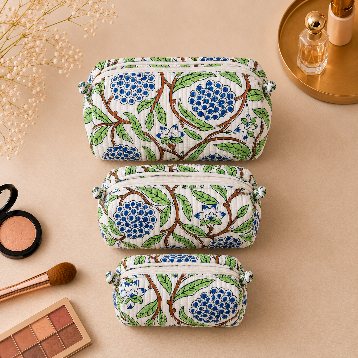 Set Of 3 Makeup Bag, Ivory Garden Floral Block Print Cotton Travel Case, Quilted Cosmetic Storage Bag Set
