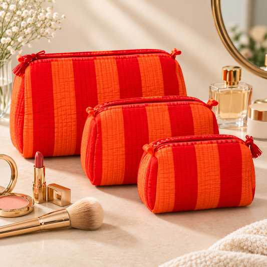 Set Of 3 Makeup Bag, Sunset Stripe Block Print Cotton Travel Case, Quilted Cosmetic Storage Bag Set