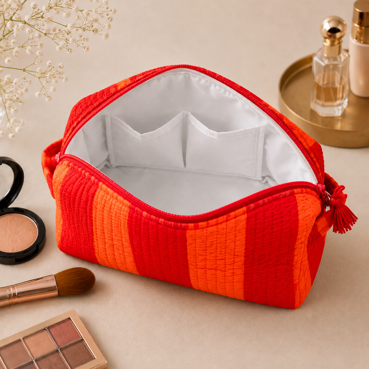 Set Of 3 Makeup Bag, Sunset Stripe Block Print Cotton Travel Case, Quilted Cosmetic Storage Bag Set