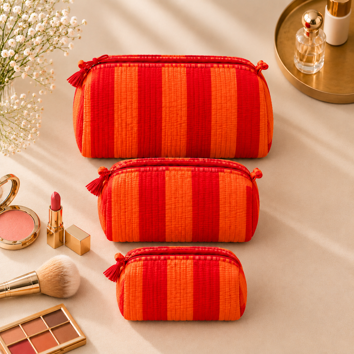 Set Of 3 Makeup Bag, Sunset Stripe Block Print Cotton Travel Case, Quilted Cosmetic Storage Bag Set
