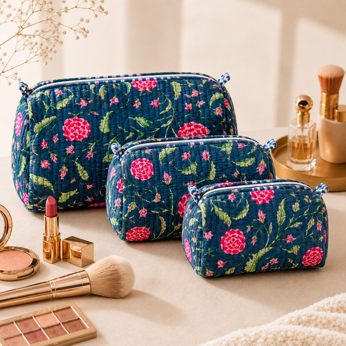 Set Of 3 Makeup Bag, Teal Blossom Floral Block Print Cotton Travel Case, Quilted Cosmetic Storage Bag Set