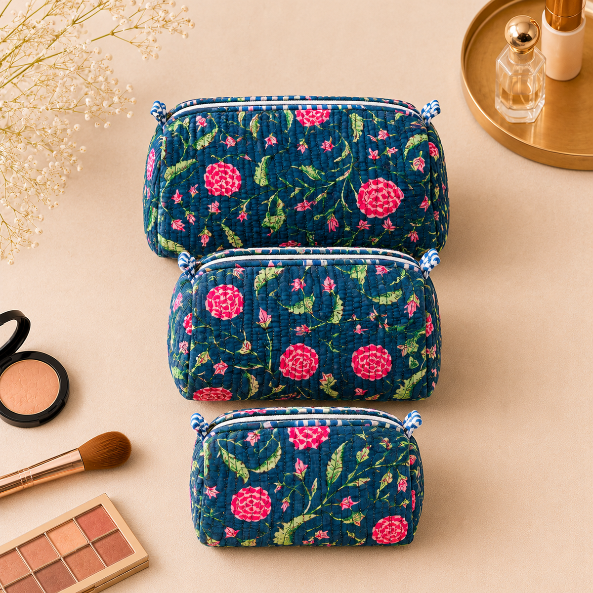 Set Of 3 Makeup Bag, Teal Blossom Floral Block Print Cotton Travel Case, Quilted Cosmetic Storage Bag Set