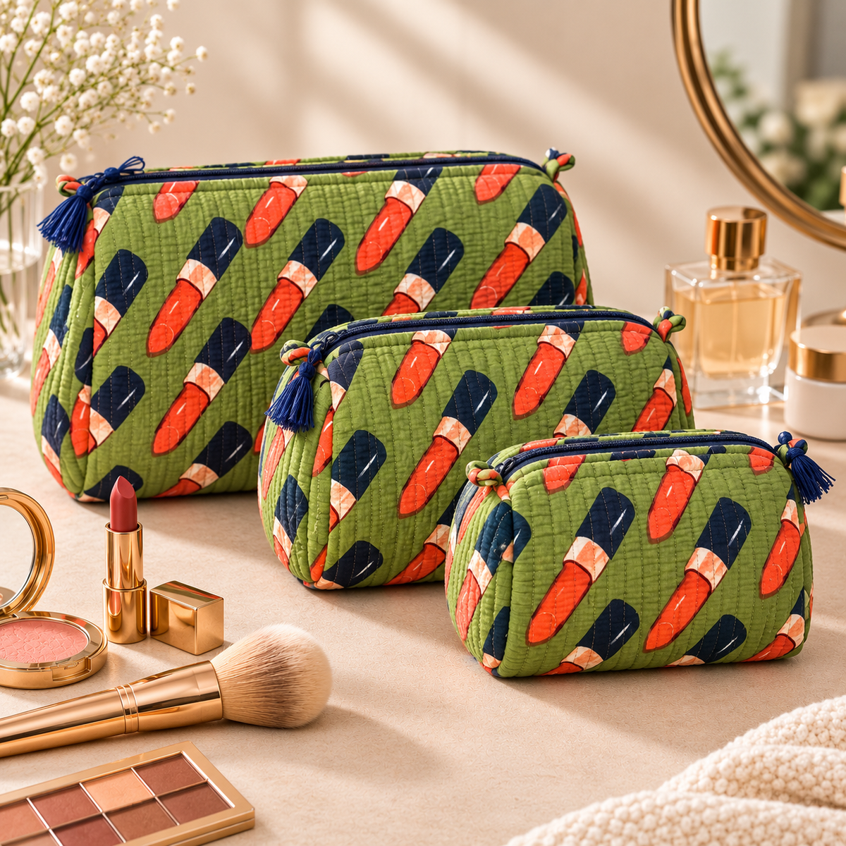 Set Of 3 Makeup Bag, Green Glam Lipstick Block Print Cotton Travel Case, Quilted Cosmetic Storage Bag Set