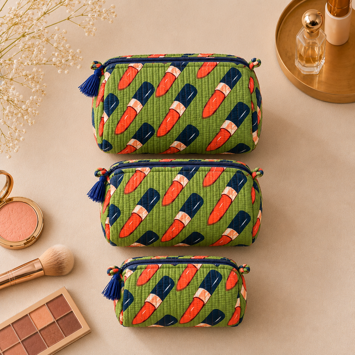 Set Of 3 Makeup Bag, Green Glam Lipstick Block Print Cotton Travel Case, Quilted Cosmetic Storage Bag Set